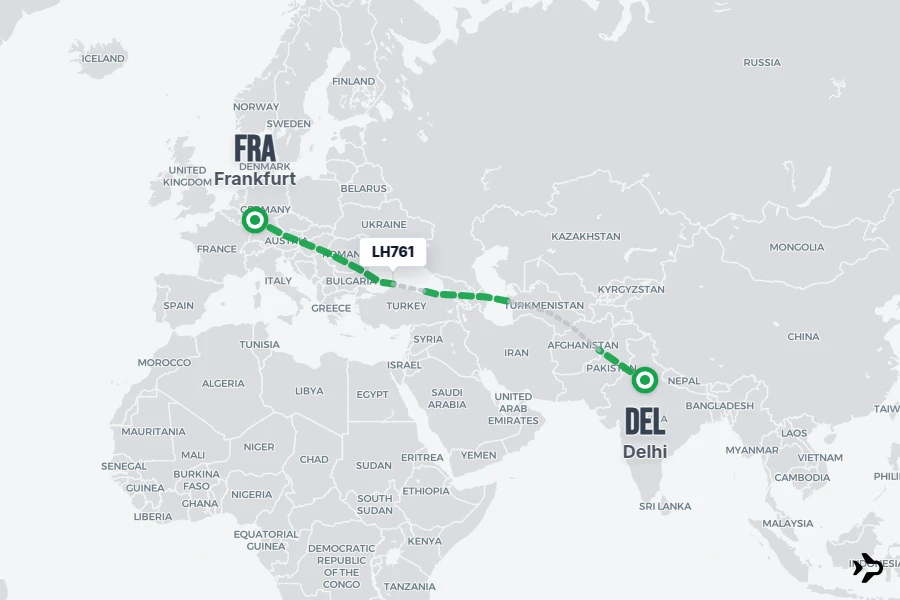 LH761 flight map from DEL to FRA