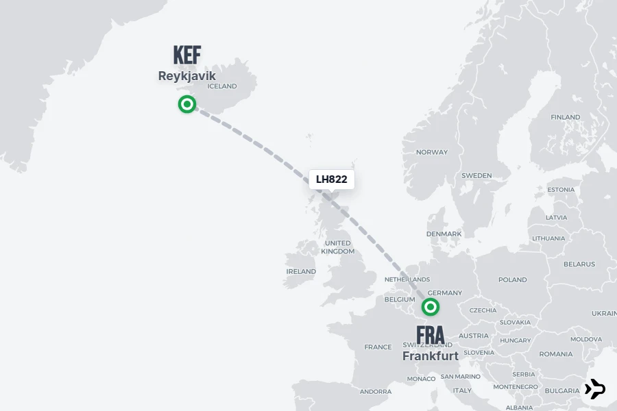 LH822 flight map from FRA to KEF