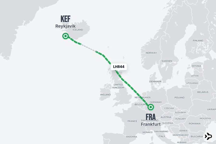 LH844 flight map from FRA to KEF