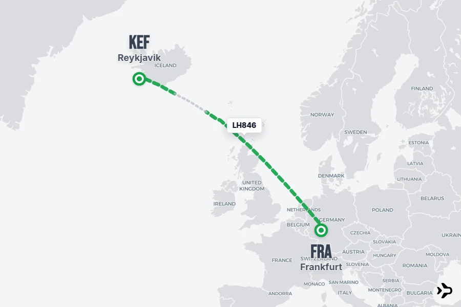 LH846 flight map from FRA to KEF