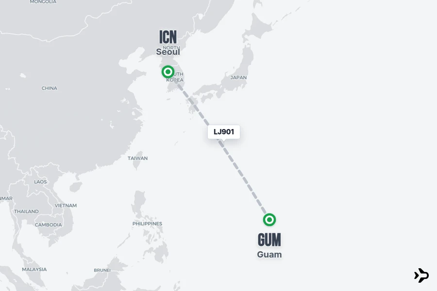 LJ901 flight map from ICN to GUM