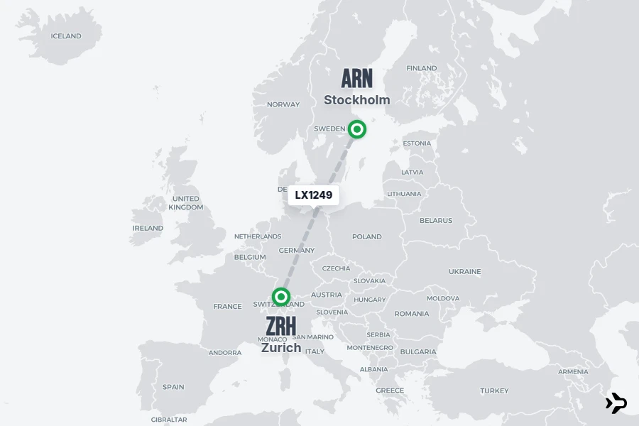 LX1249 flight map from ARN to ZRH