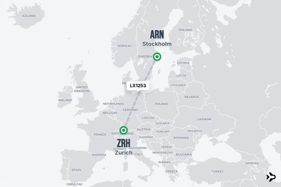 LX1253 flight map from ARN to ZRH