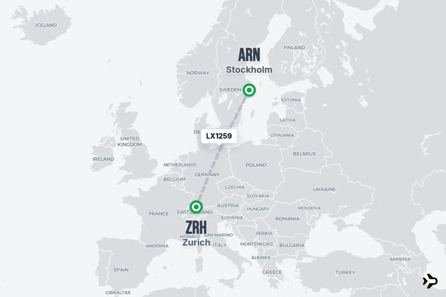 LX1259 flight map from ARN to ZRH