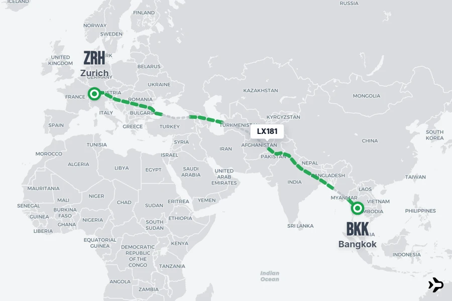 LX181 flight map from BKK to ZRH