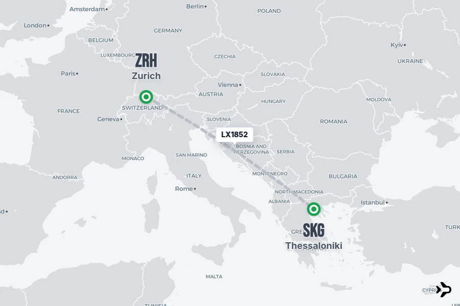LX1852 flight map from ZRH to SKG