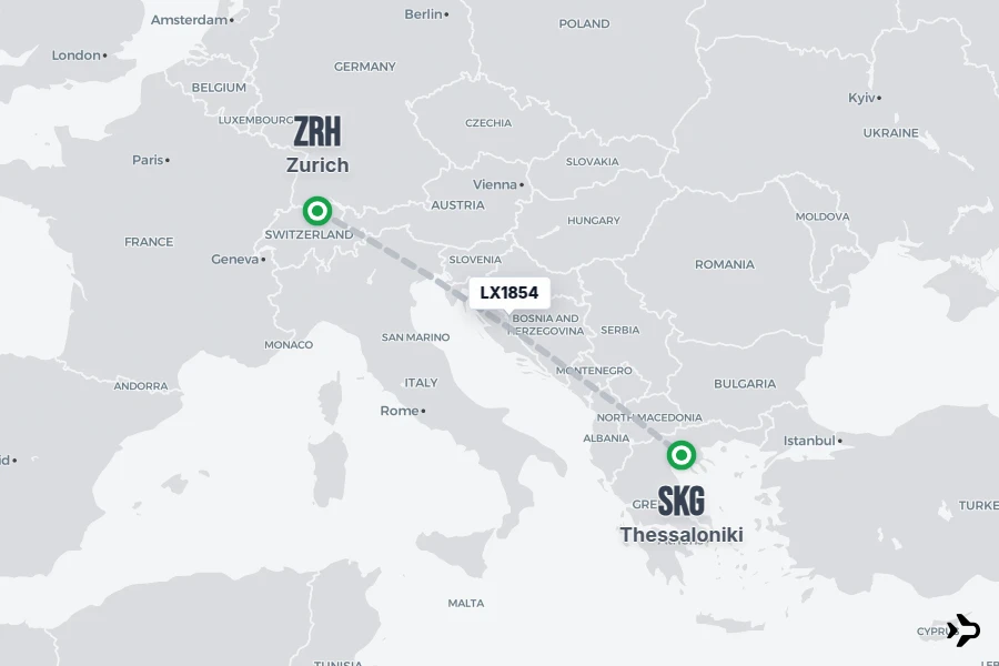 LX1854 flight map from ZRH to SKG