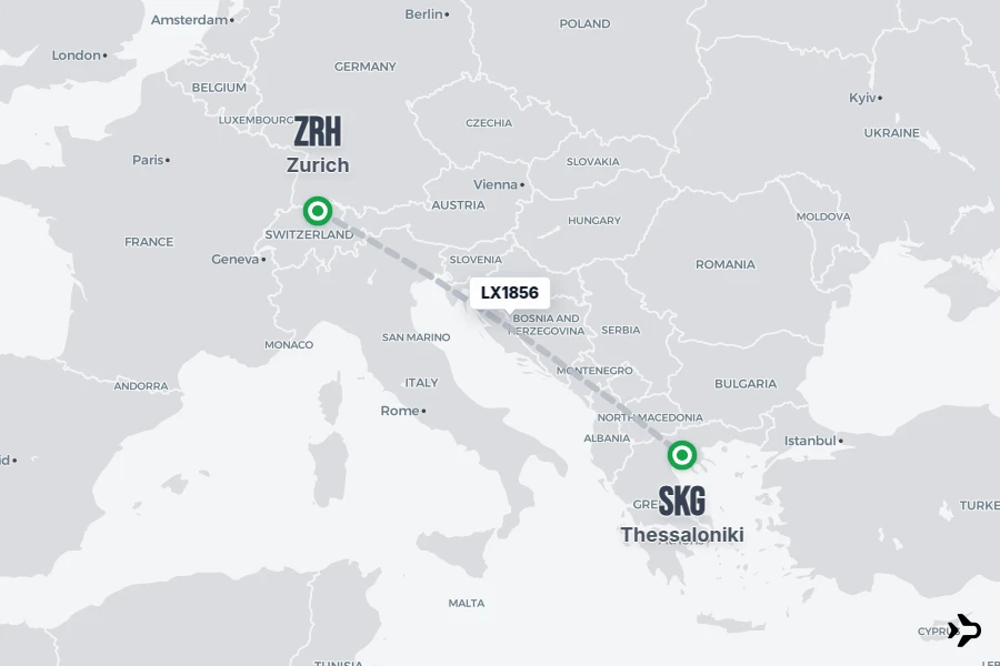 LX1856 flight map from ZRH to SKG