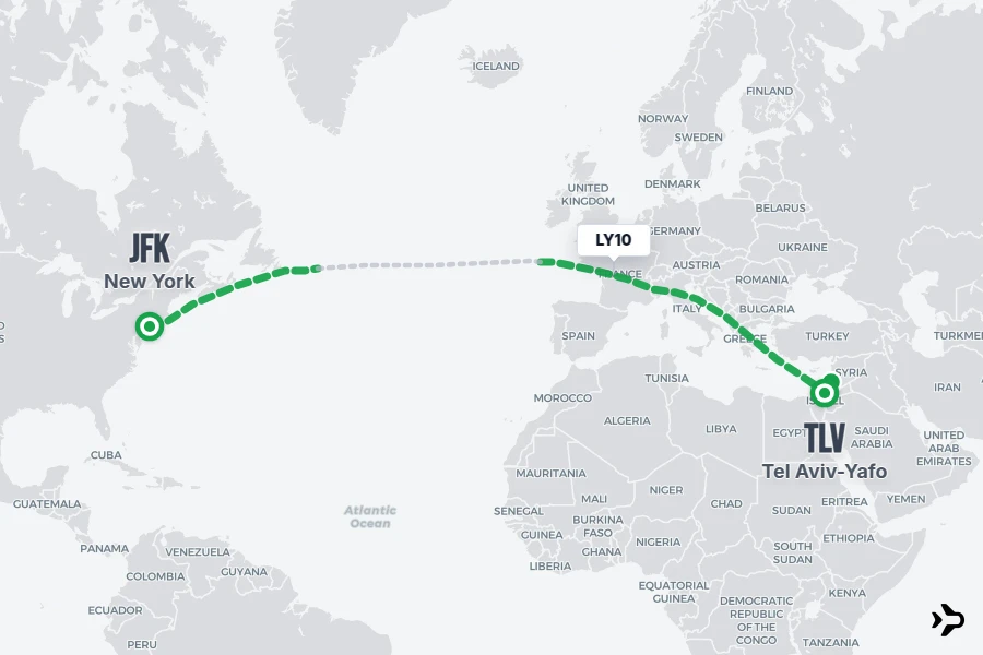 LY10 flight map from JFK to TLV
