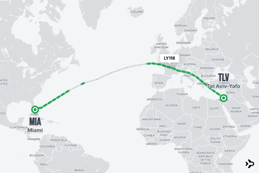 LY118 flight map from MIA to TLV