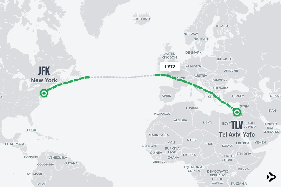 LY12 flight map from JFK to TLV