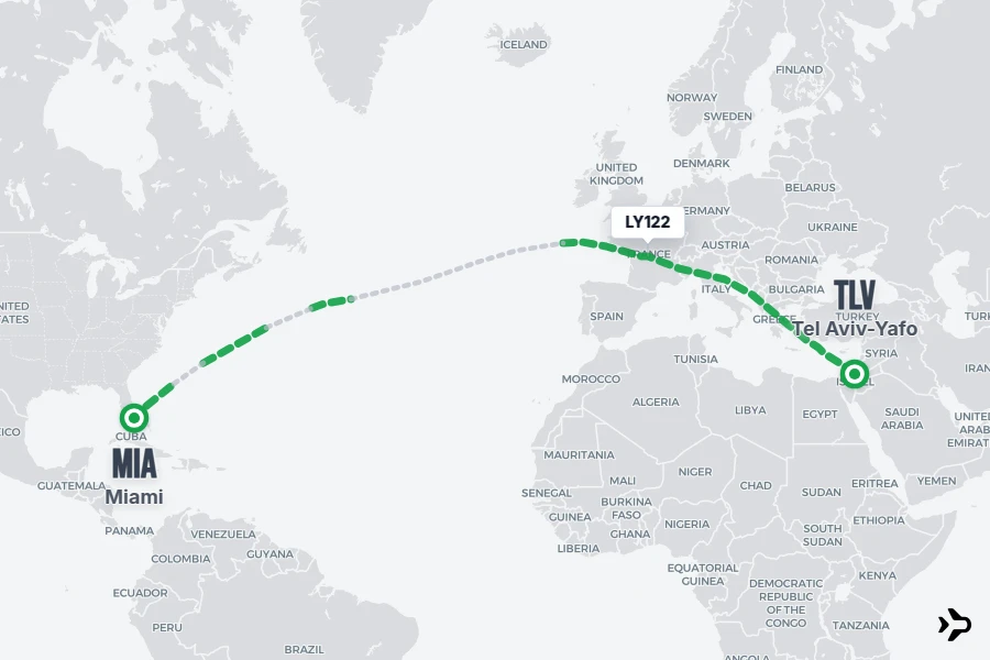 LY122 flight map from MIA to TLV