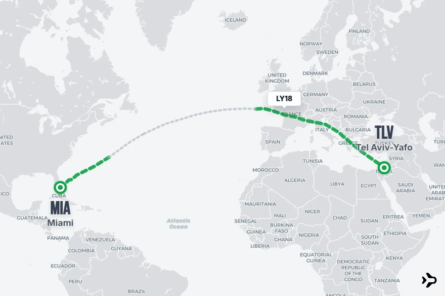 LY18 flight map from MIA to TLV