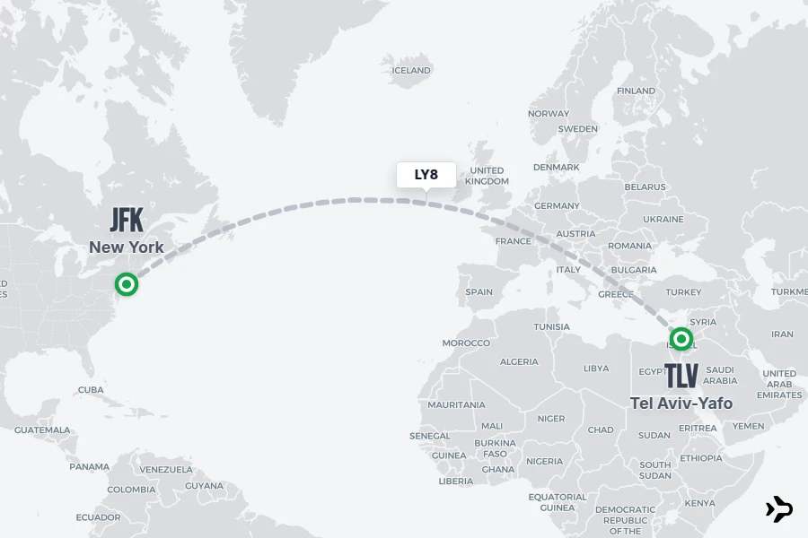 LY8 flight map from JFK to TLV