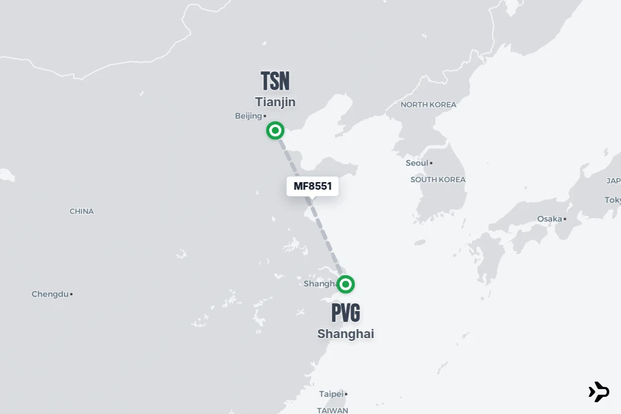 MF8551 flight map from TSN to PVG
