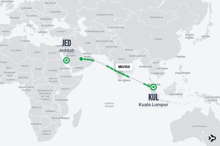MH150 flight map from KUL to JED