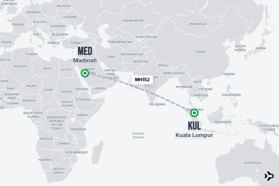 MH152 flight map from KUL to MED