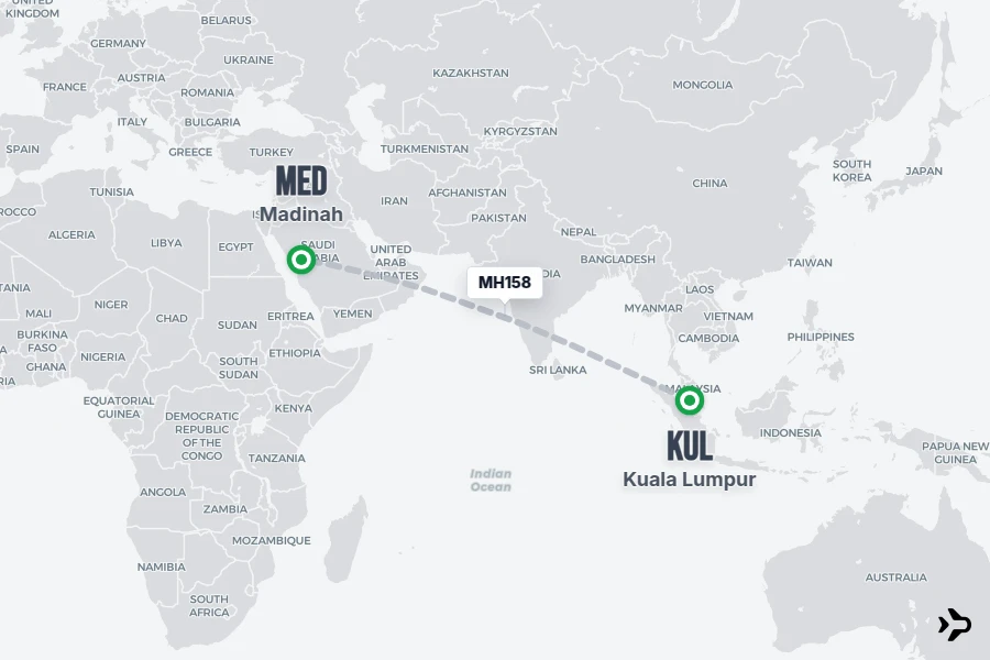 MH158 flight map from KUL to MED