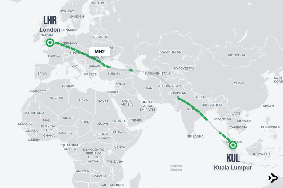 MH2 flight map from KUL to LHR