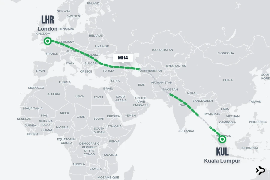 MH4 flight map from KUL to LHR