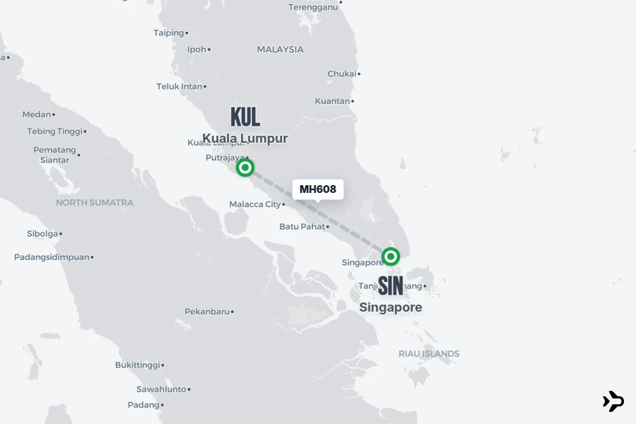 MH608 flight map from SIN to KUL