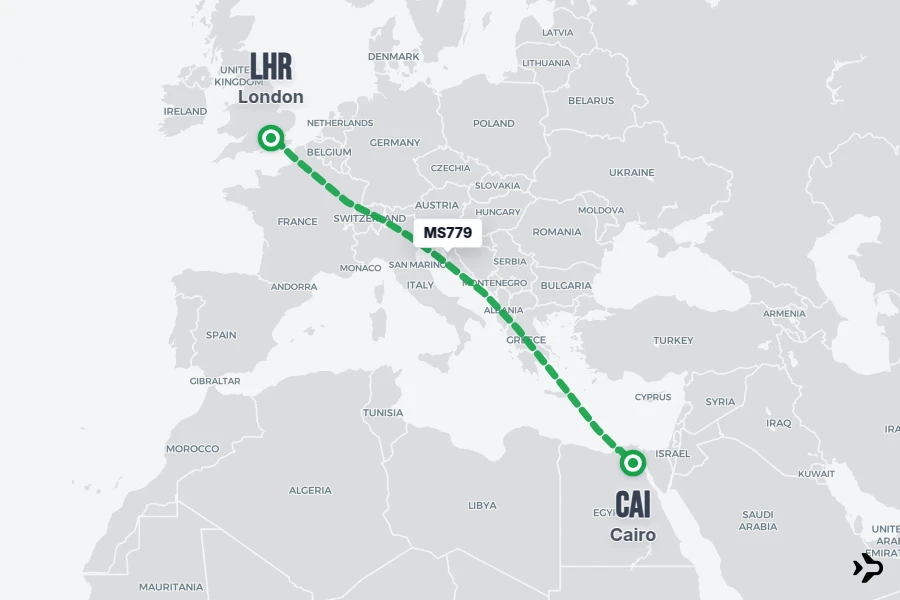 MS779 flight map from CAI to LHR