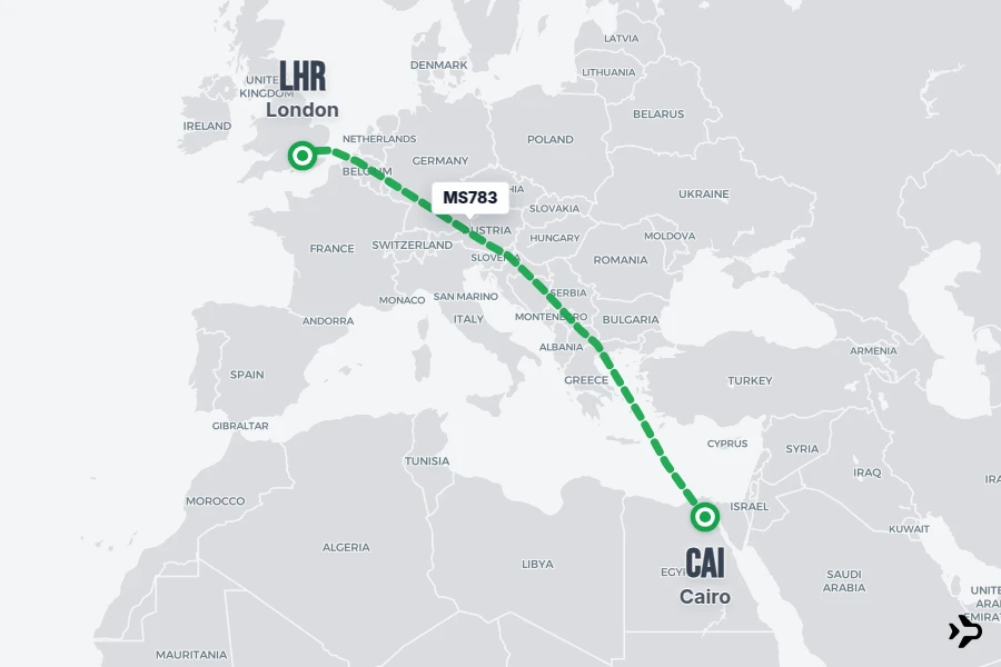 MS783 flight map from CAI to LHR