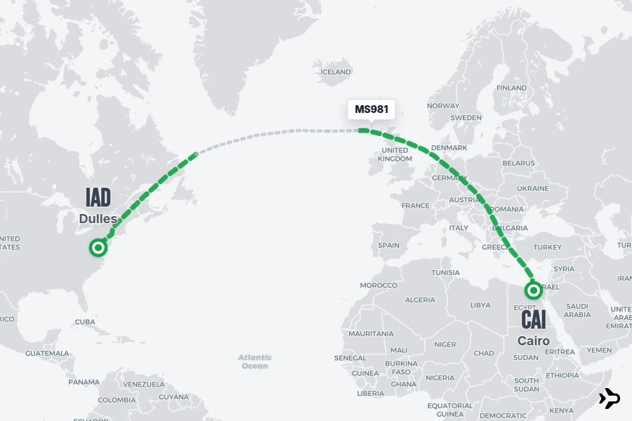 MS981 flight map from CAI to IAD