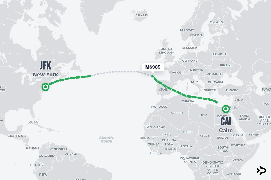 MS985 flight map from CAI to JFK
