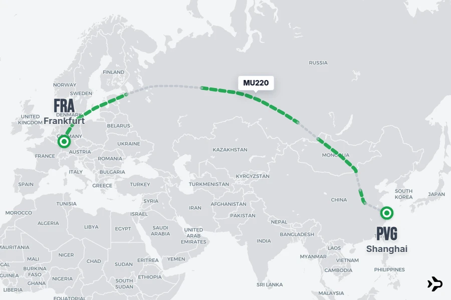 MU220 flight map from FRA to PVG