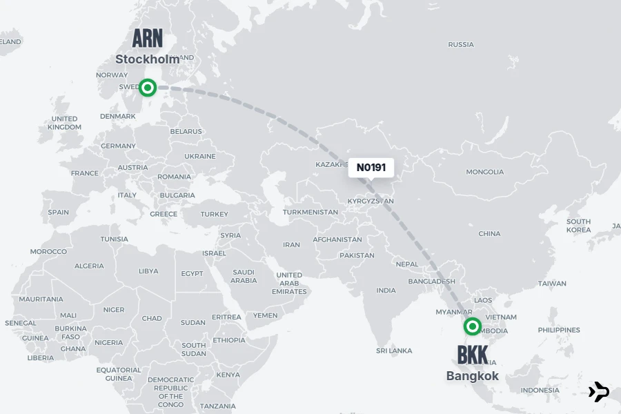 N0191 flight map from ARN to BKK