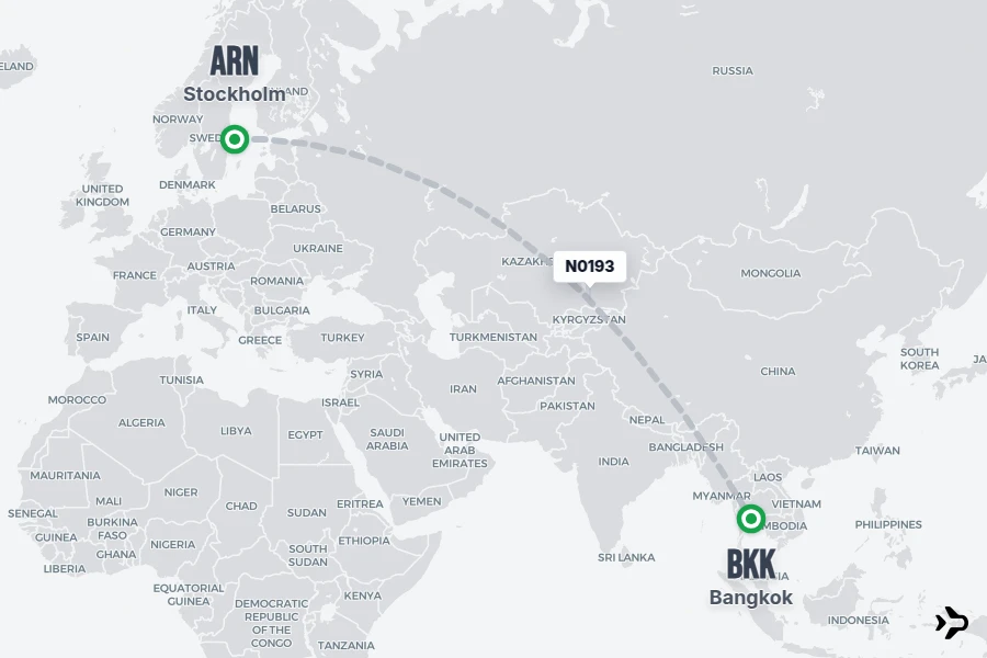 N0193 flight map from ARN to BKK