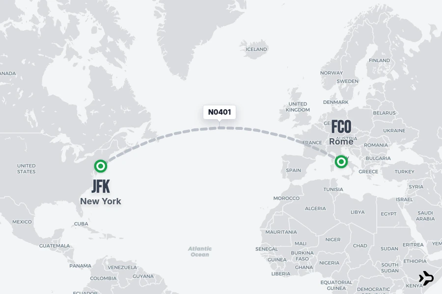 N0401 flight map from FCO to JFK