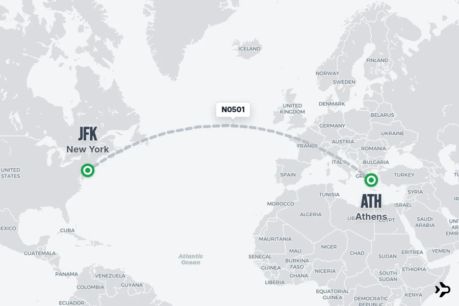 N0501 flight map from ATH to JFK