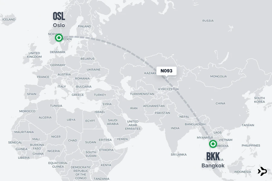 N093 flight map from OSL to BKK