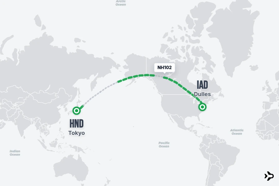 NH102 flight map from HND to IAD