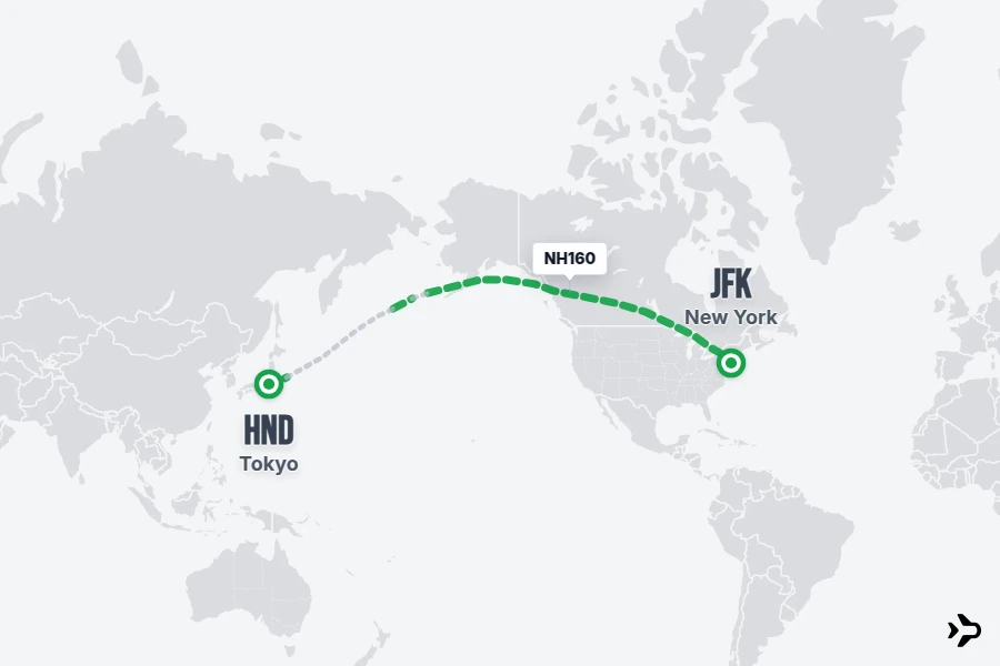 NH160 flight map from HND to JFK