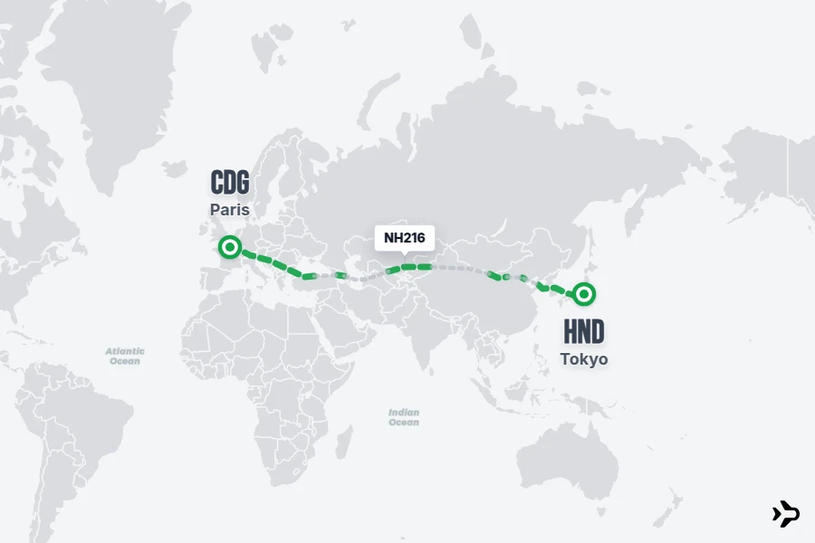 NH216 flight map from CDG to HND