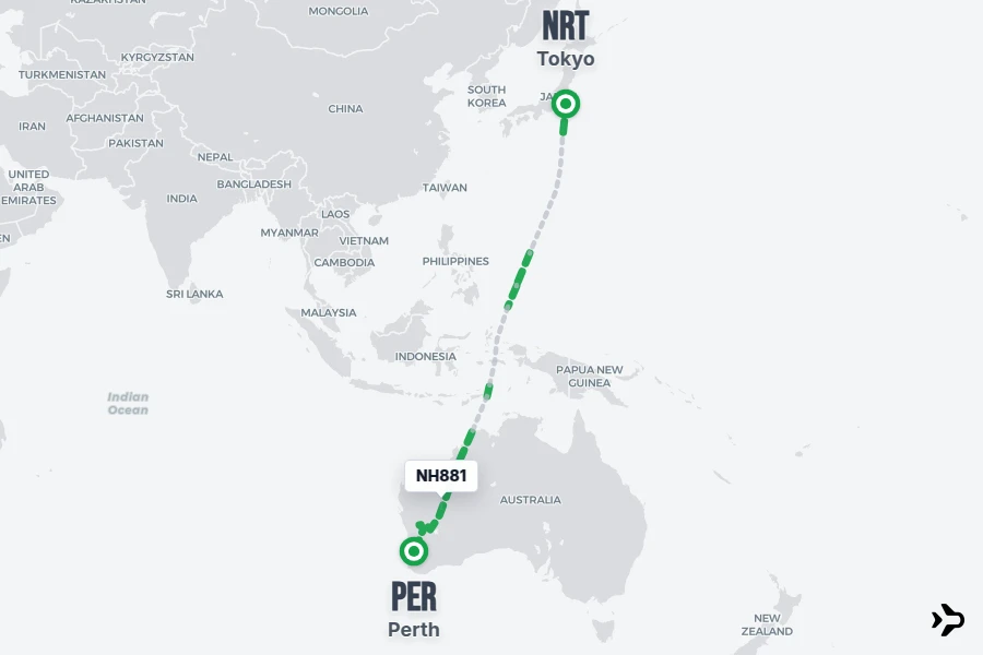 NH881 flight map from NRT to PER