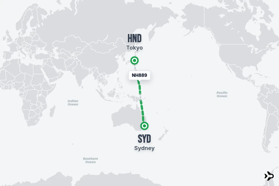 NH889 flight map from HND to SYD
