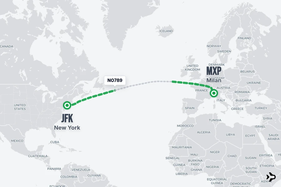 NO789 flight map from JFK to MXP