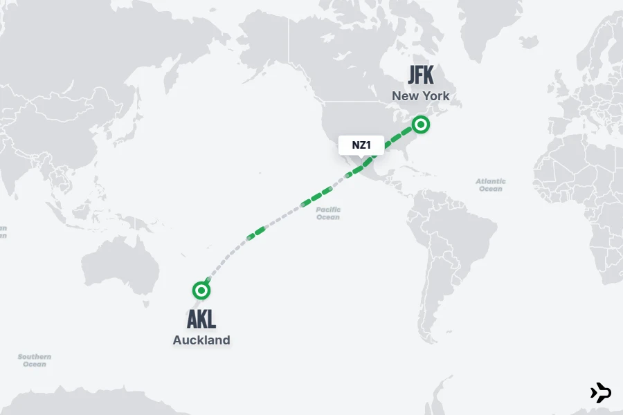 NZ1 flight map from JFK to AKL