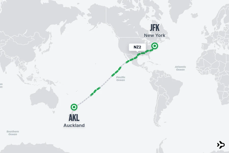 NZ2 flight map from AKL to JFK