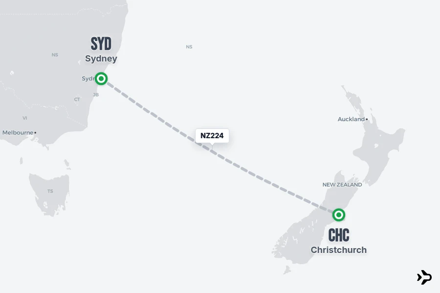 NZ224 flight map from SYD to CHC