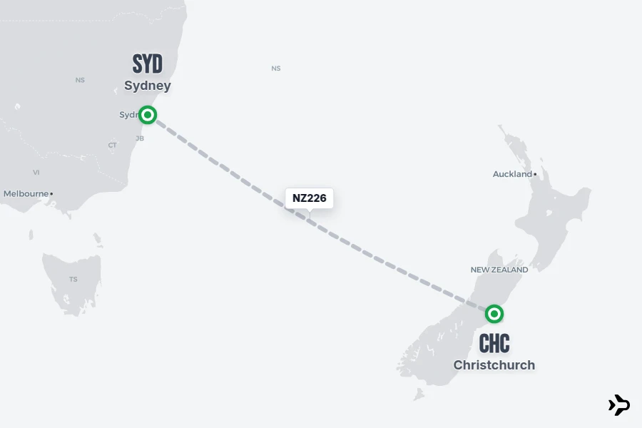 NZ226 flight map from SYD to CHC