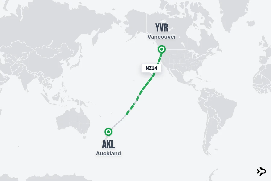 NZ24 flight map from AKL to YVR