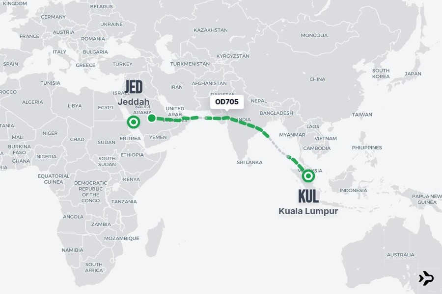 OD705 flight map from KUL to JED