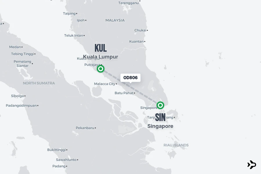 OD806 flight map from SIN to KUL