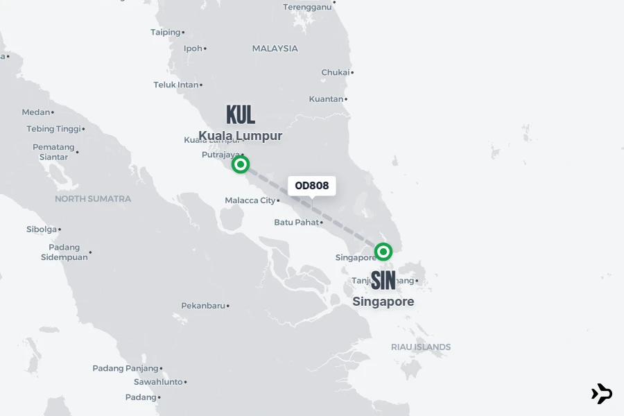 OD808 flight map from SIN to KUL