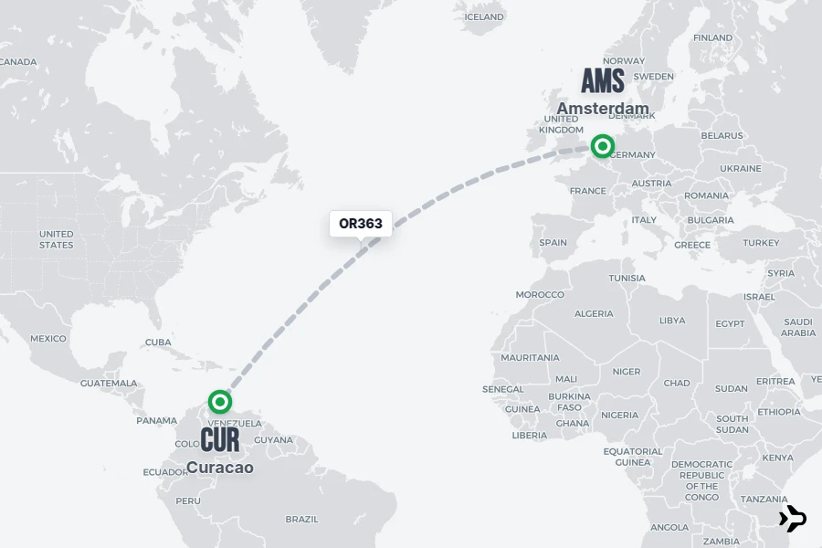 OR363 flight map from AMS to CUR